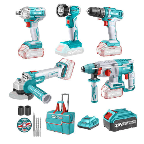 Combo Inalámbrico 20V (5 Piezas): Rotomartillo + Pulidora + Pistola de Impacto + Taladro Industrial TOTAL (UTCKLI2019)
