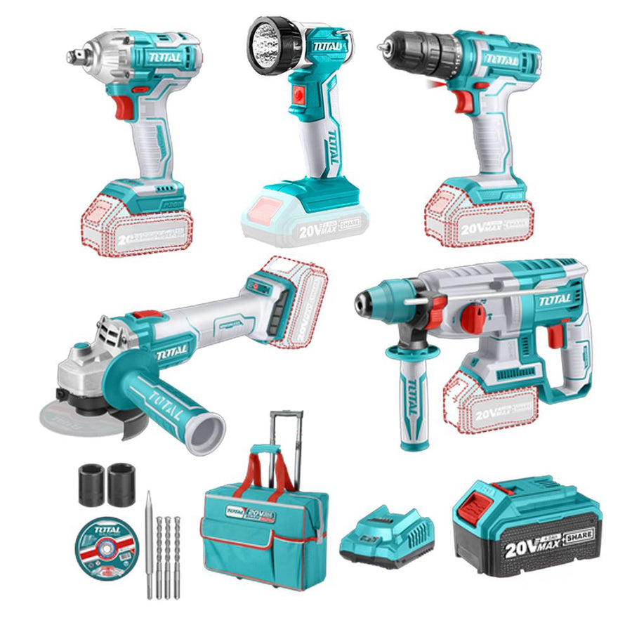 Combo Inalámbrico 20V (5 Piezas): Rotomartillo + Pulidora + Pistola de Impacto + Taladro Industrial TOTAL (UTCKLI2019)