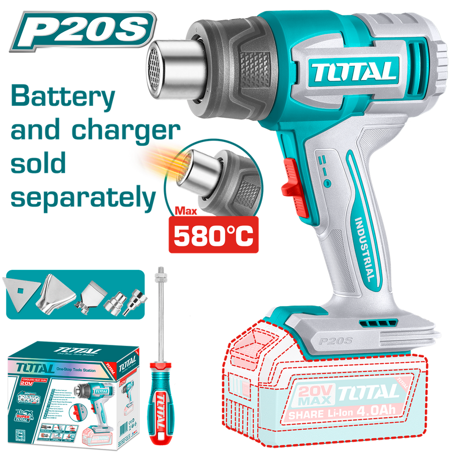 Pistola de Calor Inalámbrica 20V Temperatura Ajustable Pantalla LCD + 4 Boquillas + Rascador — Batería No Incluida Super Total